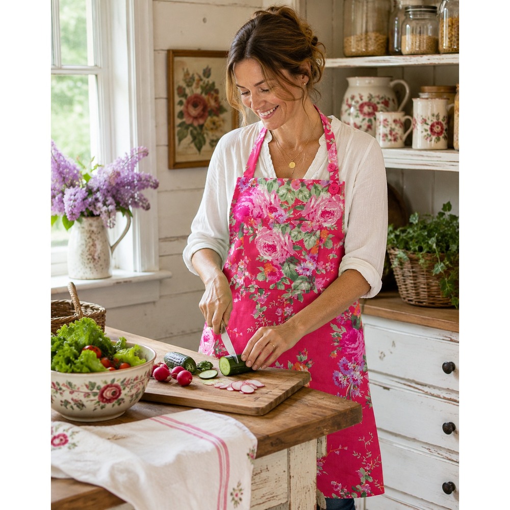 Aprill Cornell "Cottage Rose" Pink Floral Apron Cotton 31 X 30" NEW NWT